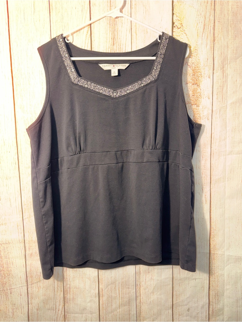 Tommy Hilfiger Black Sleeveless Tank with Embellished V-Neck- 3X